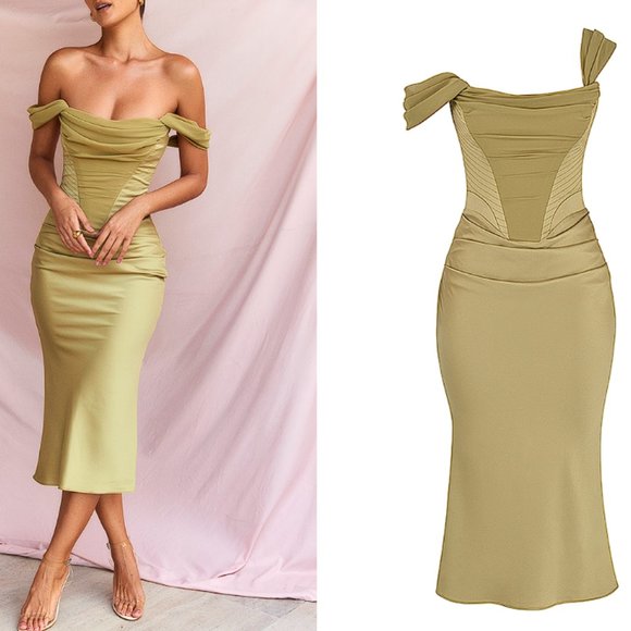House of CB 'Natalya' Olive Satin Corset Midi Dress NWOT - Picture 7 of 12